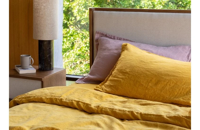 Washed Linen Mustard Fitted Sheet Double 3 Washed Linen Mustard Fitted Sheet Double - Image 3